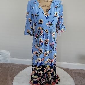 London Style Blue Maxi Sundress with 3/4 Bell Sleeves and V-Neck